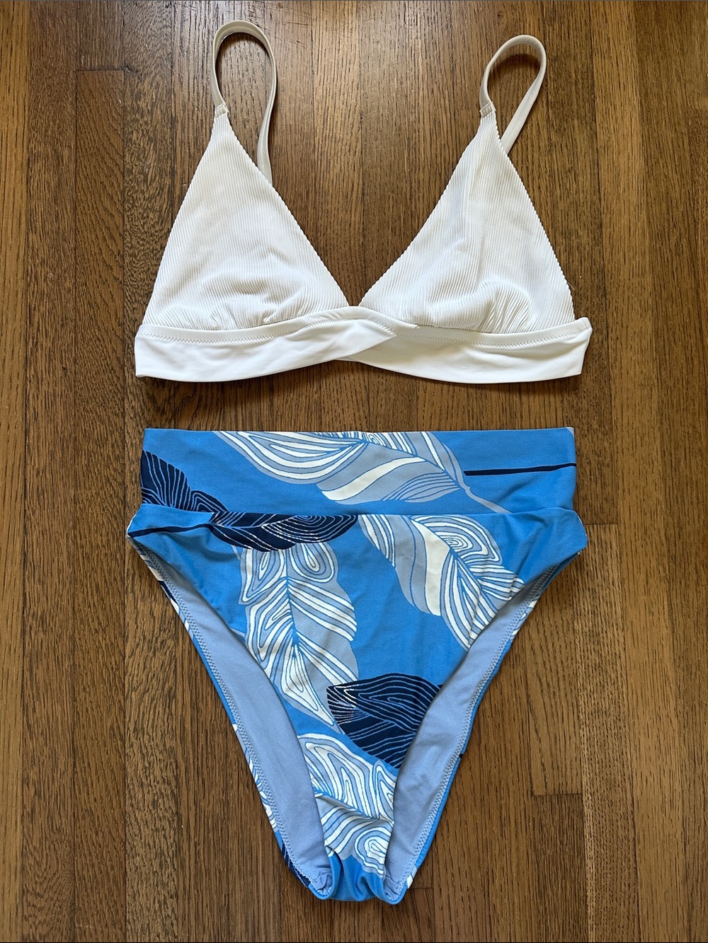 aerie White Triangle Bikini Top with Blue Printed High-Waist Bottom